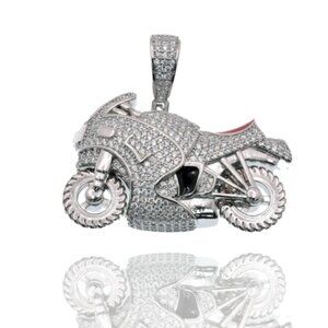Sterling Silver 925 Rhodium Plated Motorcycle Red Enamel Iced Out CZ Pendant